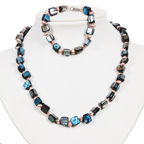 Armkette + Halskette 6981 - Süßwasserperlen & Muscheln - zum Schließen ins Bild klicken